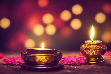 Decorated Diwali lights with colorful diya oil lamp and decorative flowers during diwali festival, selective focus - obrazy, fototapety, plakaty