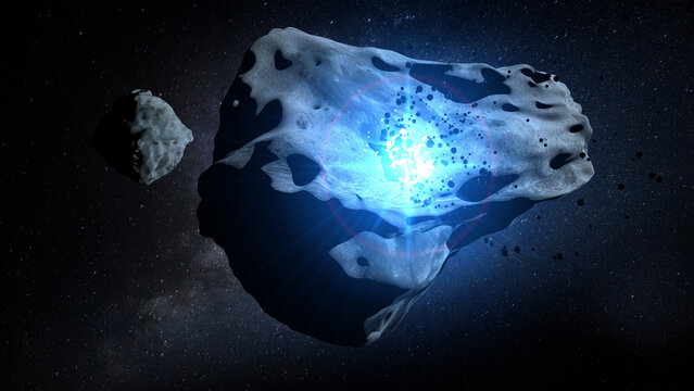 Asteroid DIMORPHOS being impacted on its surface with small pieces of rock scattering around it. 3D Illustration