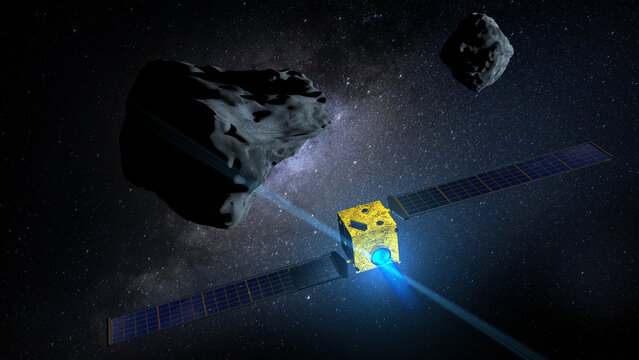 DART satellite on collision course against asteroid DIMORPHOS to divert its orbit. 3D Illustration
