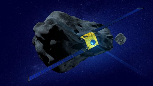 DART satellite very close to impacting the asteroid DIMORPHOS to deflect its orbit. 3D Illustration