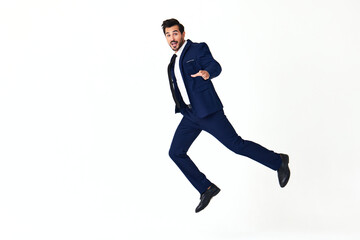 Man business smile with teeth in costume running and jumping flying up open mouth happiness and surprise full-length on white isolated background copy space 