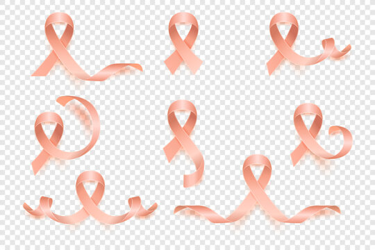 Vector 3d RealisticPeach Ribbon Set. Uterine Cancer Awareness Symbol Closeup. Cancer Ribbon Template. World Uterine Cancer Day Concept