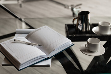 business, desktop, diary pen and cups. minimalism, analytics, glass, gray, office