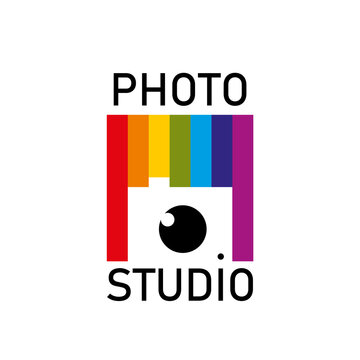 Photo studio icon, camera photography and photograph lens, vector emblem. Professional photo studio and photographer art design service sign with camera lens and rainbow film