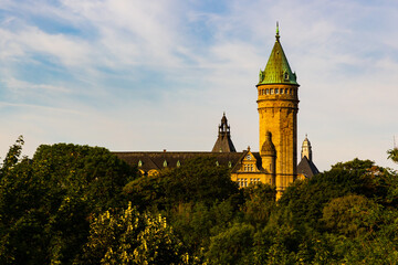 Spectacular view of Spuerkeess, State Bank and Savings Fund ancient building over the park,...