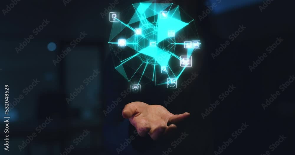 Poster business woman, hands or 3d networking app for futuristic global collaboration, economy growth or co