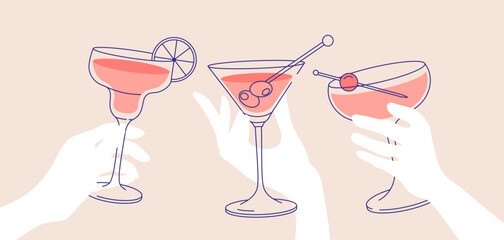 Outline drawing, cheers. Women’s hands holding glasses of margaritas and martini. Flat illustration for greeting cards, postcards, invitations, menu design. Line art template