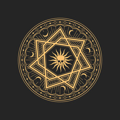 Occult and esoteric pentagram, magical tarot talisman, golden mason symbol with skull, sun and moon. Vector mystic symbol of alchemy and esoteric