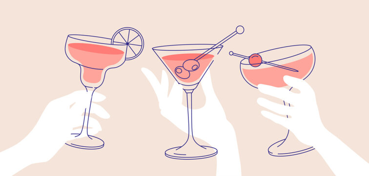 Outline Drawing, Cheers. Women’s Hands Holding Glasses Of Margaritas And Martini. Flat Illustration For Greeting Cards, Postcards, Invitations, Menu Design. Line Art Template