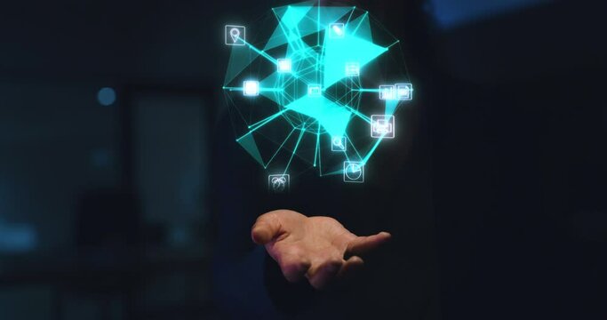 Business woman, hands or 3D networking app for futuristic global collaboration, economy growth or communication ux. Abstract zoom of light pattern, digital software or holographic iot in night office