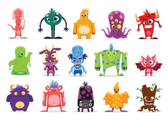 Cartoon monster characters of vector cute aliens, Halloween beasts, animal, space and ghost creatures with angry and happy faces, crazy smiles and ugly teeth. Funny toys of goblins, trolls, gremlins © Vector Tradition