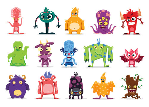 Cartoon monster characters of vector cute aliens, Halloween beasts, animal, space and ghost creatures with angry and happy faces, crazy smiles and ugly teeth. Funny toys of goblins, trolls, gremlins