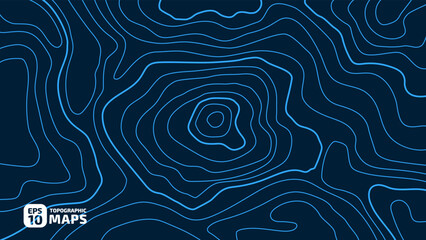 Stylized height of the topographic contour map in lines and stroke. The concept of a conditional geography scheme and the terrain path. Blue on dark background. Wide size. Vector illustration.