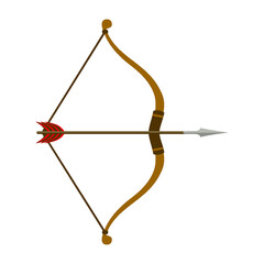 Wooden hunting bow arrow sharp flat set. Hunting military equipment aiming shot military equipment old medieval weapons feather longbow indian tensioned bowstring icon isolated