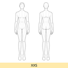 XXS size Men Fashion template 9 head extra small Croquis Gentlemen with main lines model skinny body figure front back view. Vector outline sketch boy for Fashion Design Illustration technical drawing