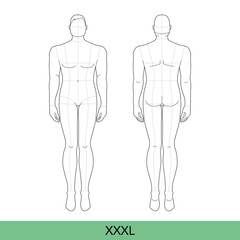 Set of XXXL Men Fashion template extra large 9 nine head size Croquis oversize Gentlemen model Curvy body figure front back view. Vector outline boy for Fashion Design, Illustration, technical drawing