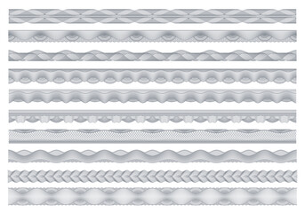 Guilloche borders, bank money, diploma and certificate security frame border pattern. Vector decoration elements, banknote security watermarks, seamless bordering for official document protection