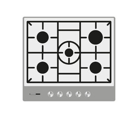 Gas stove surface metal partition 5 burners white flat. Cooktop cooking stainless steel hob electric household equipment large professional surface black grate top view Isolated