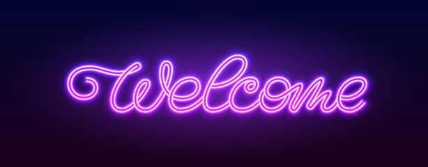 Welcome neon light calligraphic banner. Advertising ultraviolet extra glowing bright signboard title. Night club illuminated led line tube lights. Fluorescent inscription glow lamp editable stroke - obrazy, fototapety, plakaty