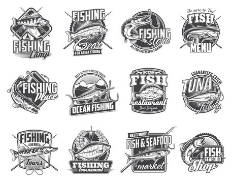 Fish with fisherman tackle isolated icons of vector fishing sport. Bass, marlin, tuna and trout, pike, carp, perch, flounder and catfish badges design with hooks, fishing rods, floats and camp tent
