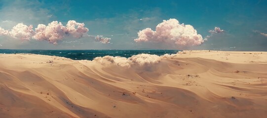 Dusty beach dune sandstorm clouds on a windy hot summer day - remote semi desert landscape with beautiful puffy cumulus clouds. Far horizon panoramic pastel stylized digital art.