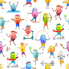 Cartoon vitamin characters seamless pattern. Wrapping paper decoration, textile vector print with vitamins pills funny personages doing fitness exercises, going in for sports and healthy lifestyle