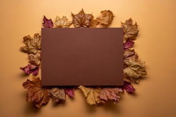 Obraz premium Autumn leaf composition with picture frame. Copy space.