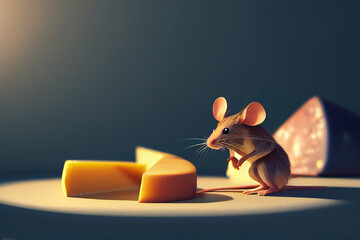 Cute little cartoon mouse eating cheese