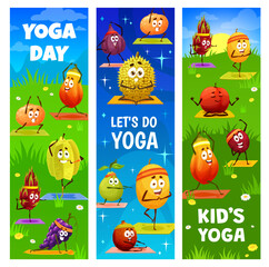Kids yoga, yoga day and pilates fitness with cartoon tropical fruits characters. Orange, papaya and carambola, dragon fruit, grape and fig, durian, guava and lychee personages doing exercises