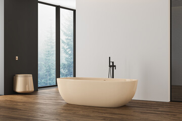 Naklejka na ściany i meble Beautiful beige bathtub in modern bathroom, toilet, panoramic window in reflection, white and gray walls and parquet floor. 3d rendering