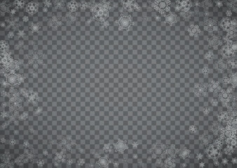 Isolated snowflakes on transparent grey background. Silver glitter snow. Horizontal Christmas and New Year design for party invitation, banner, sale. Winter window. Magic crystal isolated snowflakes