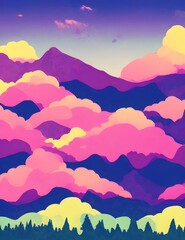Naklejka na ściany i meble Beautiful aesthetic landscape of towering mountains with a sky full of clouds, magenta color palette