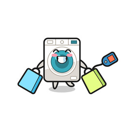 washing machine mascot cartoon holding a shopping bag