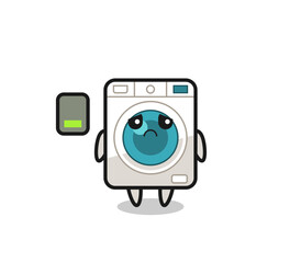 washing machine mascot character doing a tired gesture