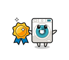 washing machine mascot illustration holding a golden badge