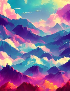 Beautiful aesthetic landscape of towering mountains with a sky full of clouds, magenta color palette