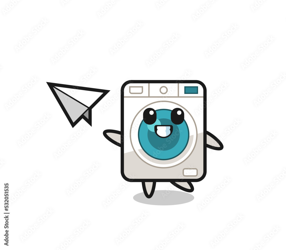 Sticker washing machine cartoon character throwing paper airplane