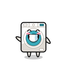 washing machine cartoon character doing wave hand gesture