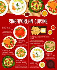 Singaporean cuisine food menu template. Pork rib soup, chilli crab and vegetable shrimp salad, mussels in coconut curry broth, fish head curry and rice Nasi Lemak, flatbread Roti Prata with sauce