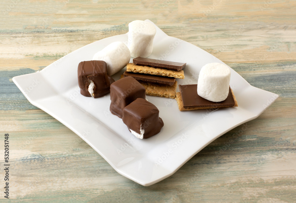 Wall mural Bite Size smore candies with chocolate pieces on graham crackers and marshmallows on snack plate