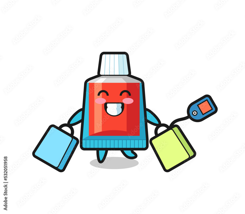 Poster toothpaste mascot cartoon holding a shopping bag