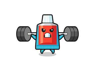toothpaste mascot cartoon with a barbell