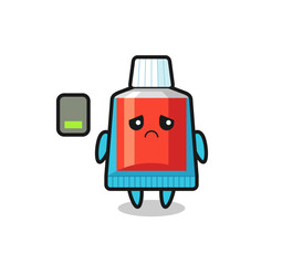 toothpaste mascot character doing a tired gesture