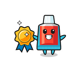 toothpaste mascot illustration holding a golden badge