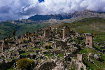 Fototapeta na wymiar Ancient ruined medieval tower complex Tsimiti in North Ossetia, Aerial view