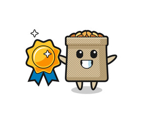 wheat sack mascot illustration holding a golden badge