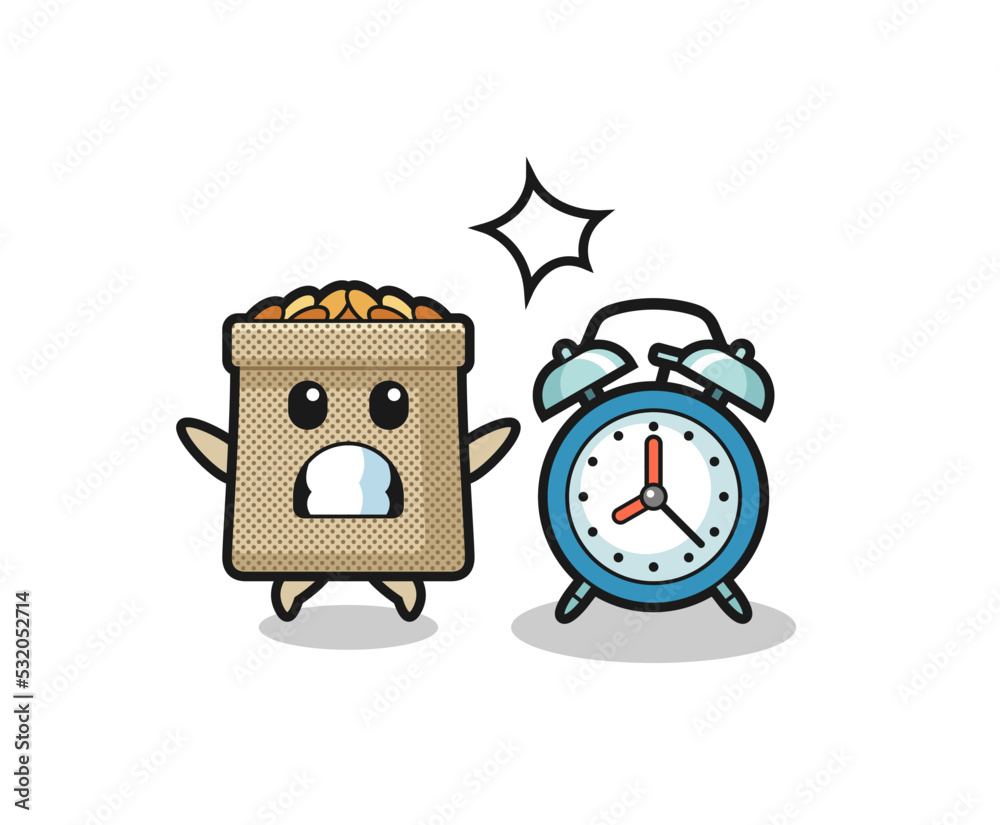 Wall mural Cartoon Illustration of wheat sack is surprised with a giant alarm clock