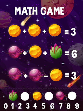 Math game kids quiz worksheet. Fantastic galaxy cartoon space planets, stars and comets. Addition and subtraction math puzzle or kids mathematical vector riddle with fantastic planets and asteroids