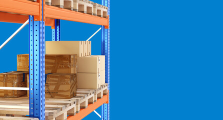 Warehouse space. Shelving with pallets and carton boxes. Multi-tiered racks for warehouse....