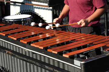 Hands of a musician playing a xylophone